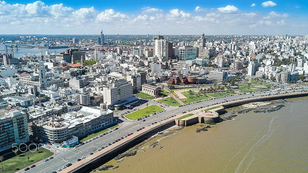 Aerial view of Montevideo, Uruguay, showing Ciudad Vieja, the Rambla, and the port — non-residents often start with BROU