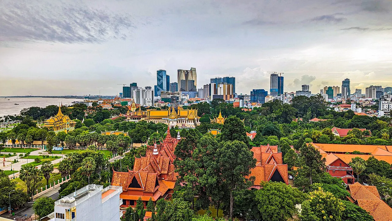 Phnom Penh skyline with Royal Palace and Mekong River, Cambodia — capital where foreigners often open ABA or ACLEDA accounts